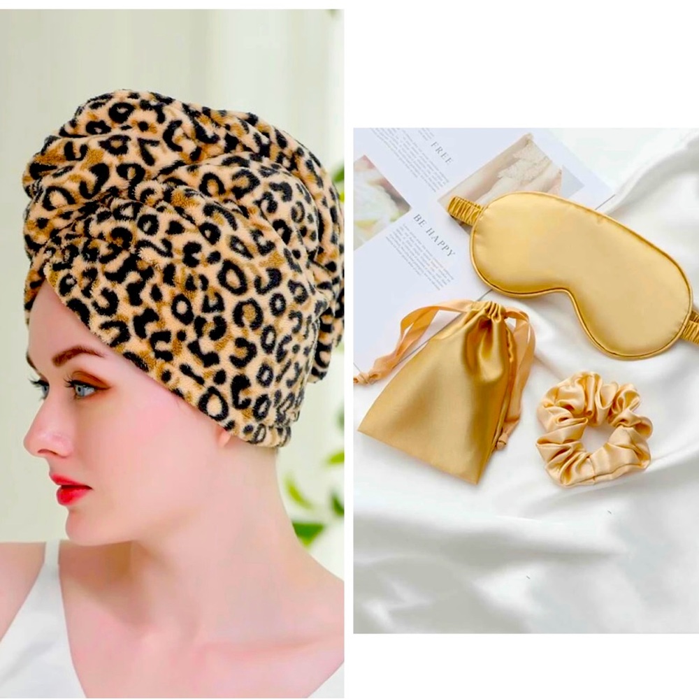 Luxe Leopard Terry Turban Hair Wrap + Eye Mask Set